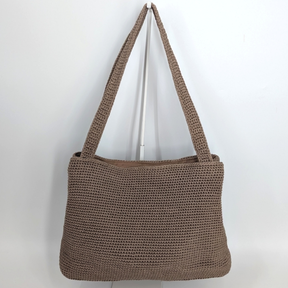 The Sak Dual Pocket Compartment Brown Handmade Woven Crochet Fabric Shoulder Bag